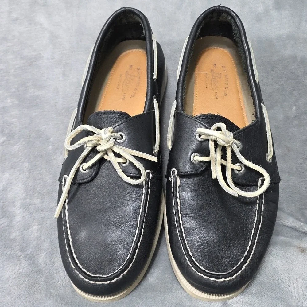 Vintage GH Bass Summer Hampton Boat Shoes Men's Size 9.5 M Black Leather Made In
